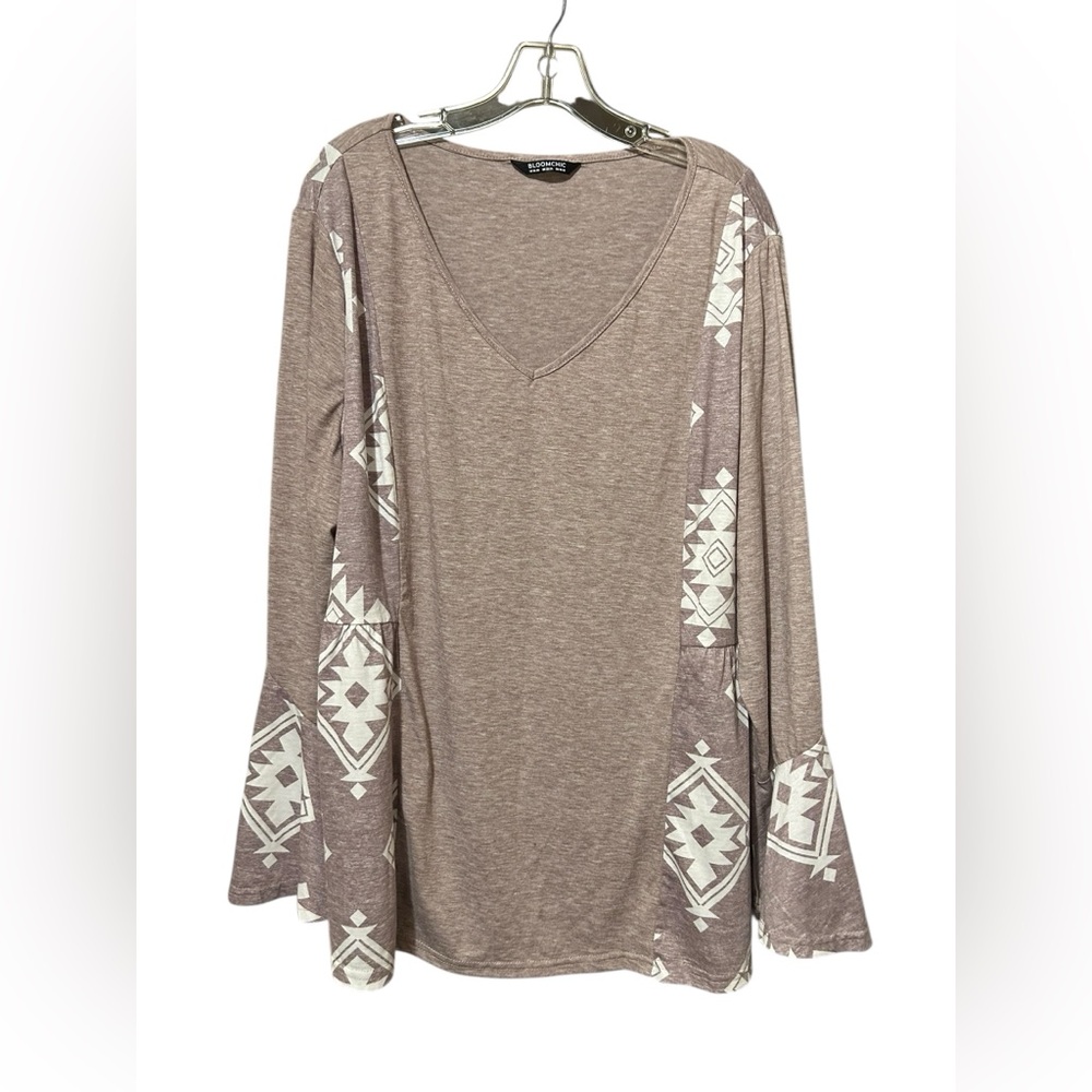 BloomChic Taupe Long Sleeve Top with White Geometric Pattern